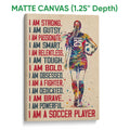Matte canvas soccer wall art featuring a colorful player with a ball and distressed red and blue lettering