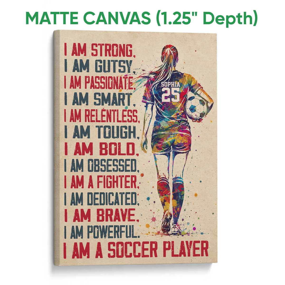 Matte canvas soccer wall art featuring a colorful player with a ball and distressed red and blue lettering