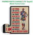 Black framed soccer canvas wall art with colorful player artwork and close-up canvas detail