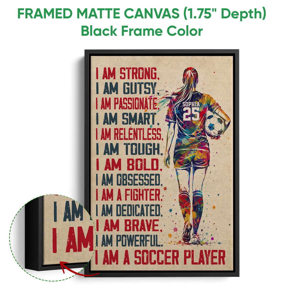 Black framed soccer canvas wall art with colorful player artwork and close-up canvas detail