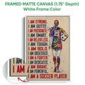 White framed soccer canvas wall art featuring a colorful player, soccer ball, and motivational lettering