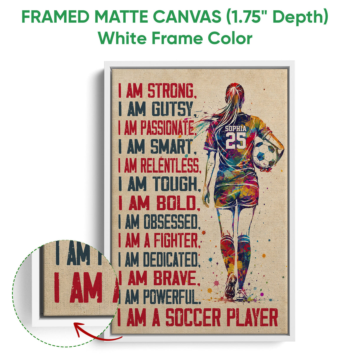 White framed soccer canvas wall art featuring a colorful player, soccer ball, and motivational lettering