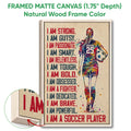 Natural wood framed soccer wall art with colorful player artwork and visible frame detail