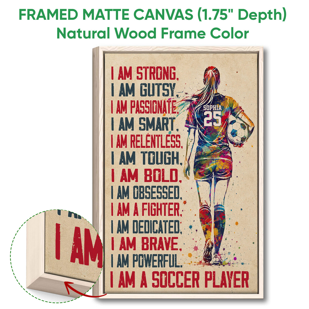Natural wood framed soccer wall art with colorful player artwork and visible frame detail