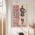 Framed soccer wall art displayed on a light wood-paneled wall in a bright home interior