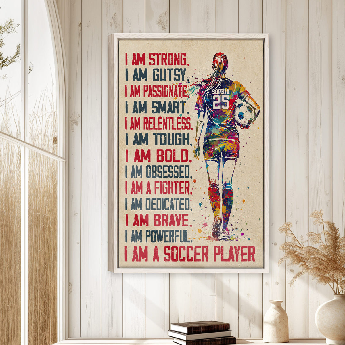 Framed soccer wall art displayed on a light wood-paneled wall in a bright home interior