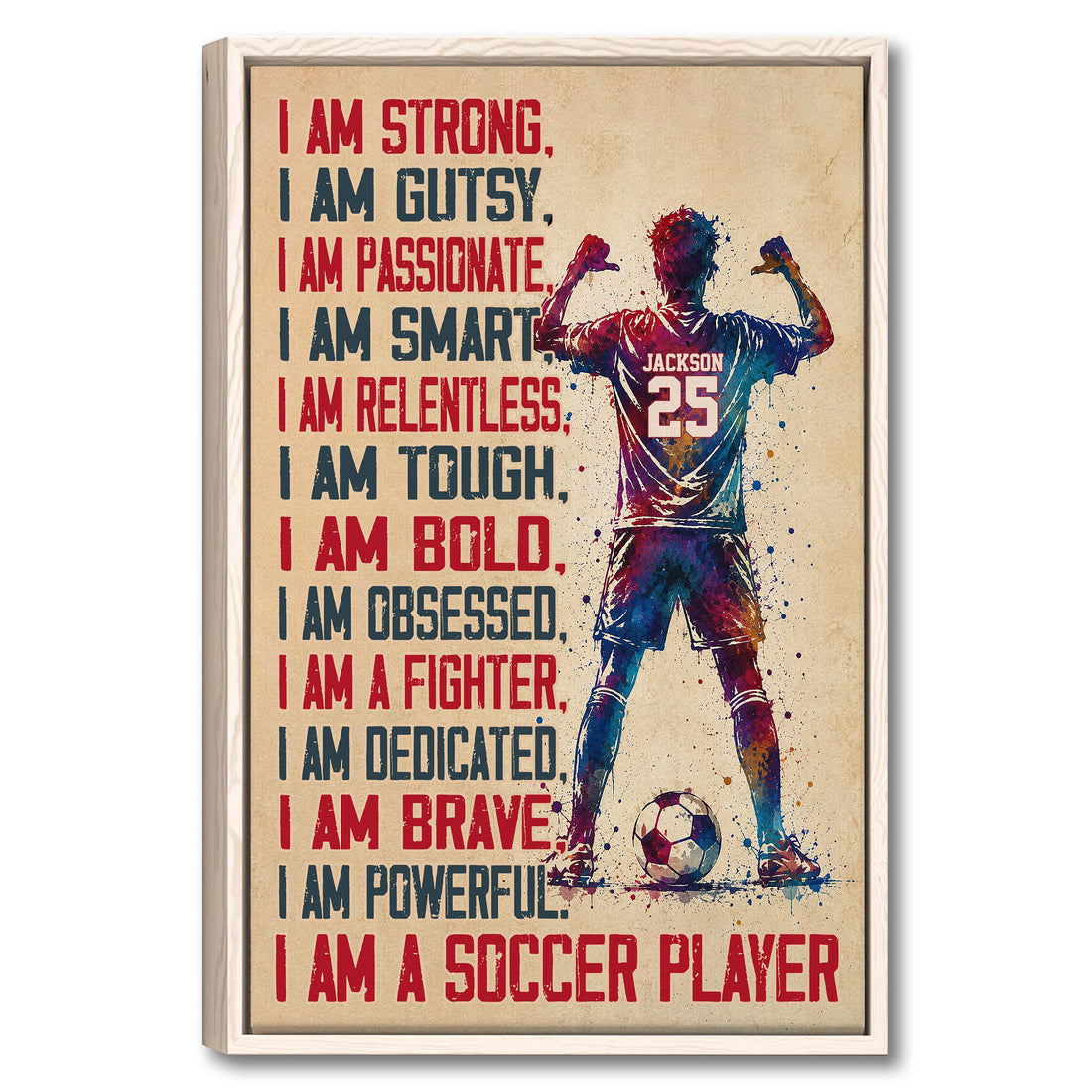 Framed soccer wall art with a colorful player, soccer ball, and bold motivational typography