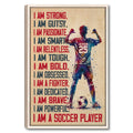 Framed soccer wall art with a colorful player, soccer ball, and bold motivational typography