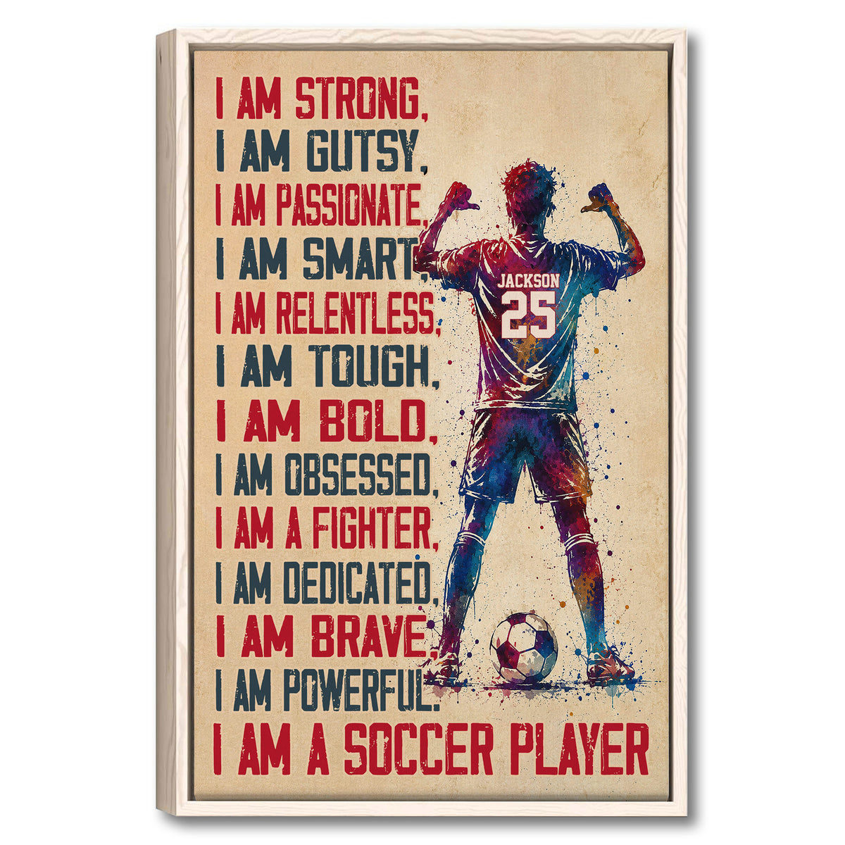 Framed soccer wall art with a colorful player, soccer ball, and bold motivational typography
