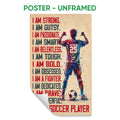 Unframed soccer poster featuring a colorful player with a soccer ball and motivational typography