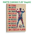 Matte canvas soccer wall art featuring a dynamic player, soccer ball, and red and navy artwork