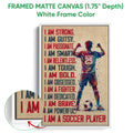 White framed canvas soccer wall art featuring a colorful player and motivational sports design