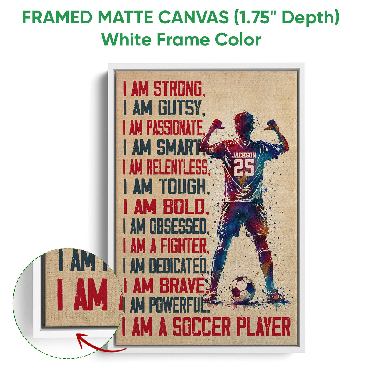 White framed canvas soccer wall art featuring a colorful player and motivational sports design