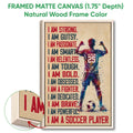 Natural wood framed soccer wall art with a colorful player, soccer ball, and distressed typography