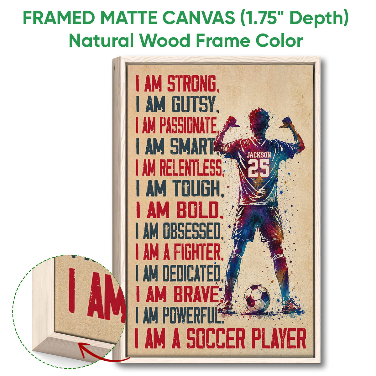 Natural wood framed soccer wall art with a colorful player, soccer ball, and distressed typography