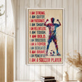 Soccer wall art displayed in a bright wood-paneled room with a soccer player and ball design