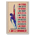 Framed swimming wall art featuring a colorful swimmer silhouette and bold motivational text