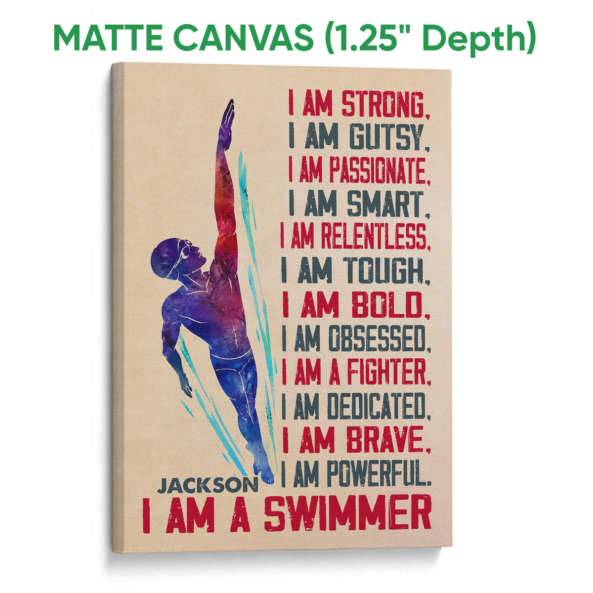 Matte canvas swimming wall art with a colorful swimmer silhouette and bold red and blue text