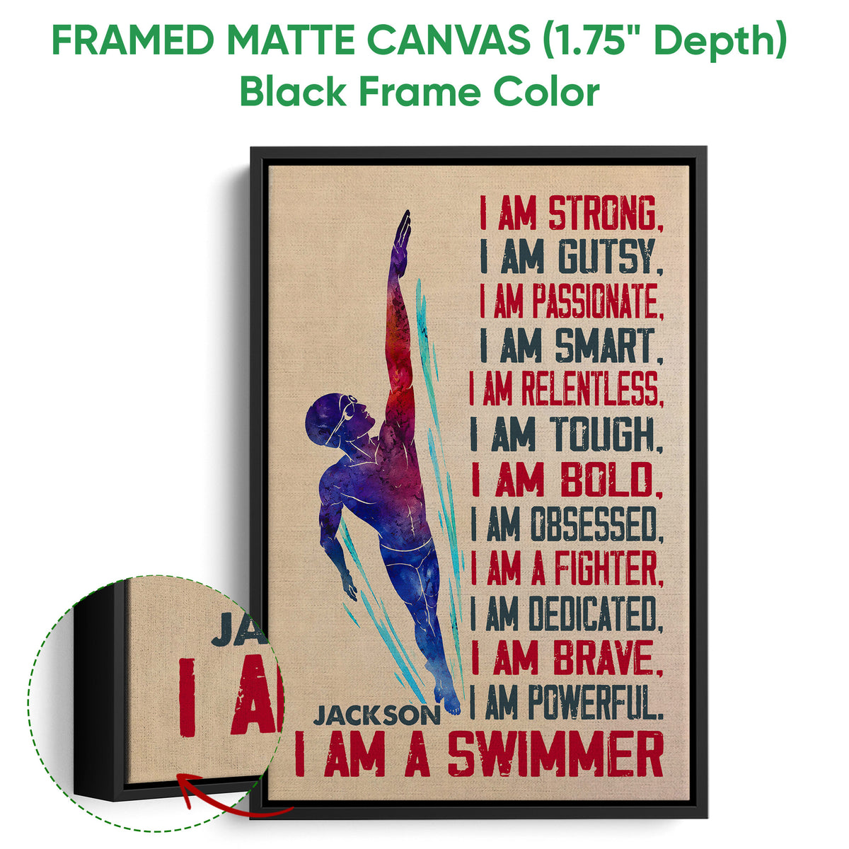 Black framed canvas swimming wall art with a colorful swimmer silhouette and motivational design