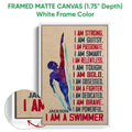 White framed canvas swimming wall art featuring a colorful swimmer and bold motivational text