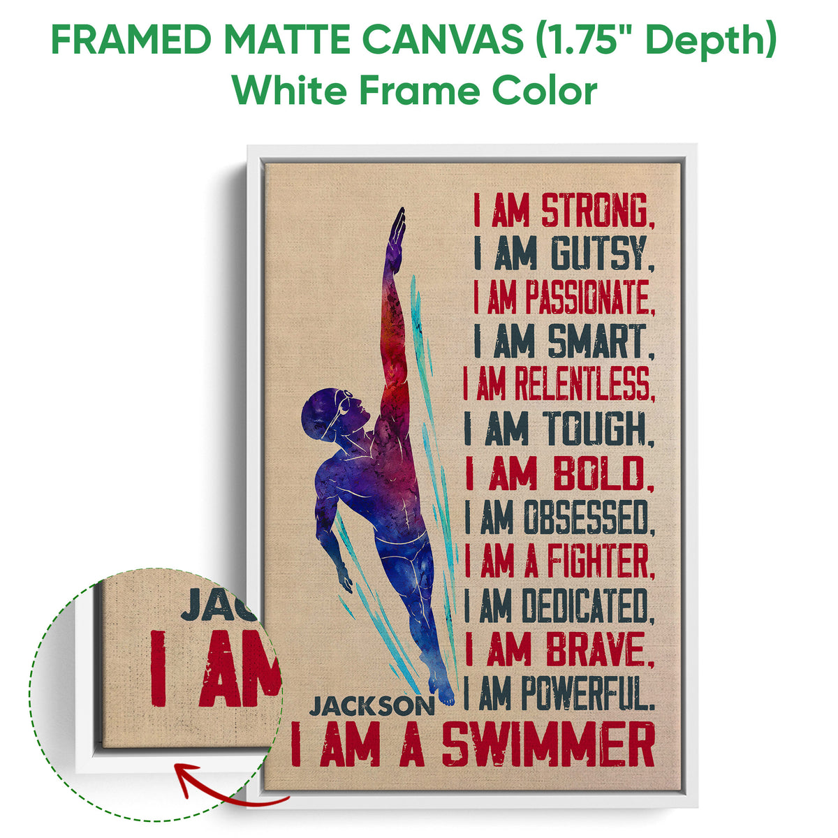 White framed canvas swimming wall art featuring a colorful swimmer and bold motivational text