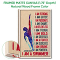 Natural wood framed swimming wall art with a colorful swimmer silhouette and inspirational typography
