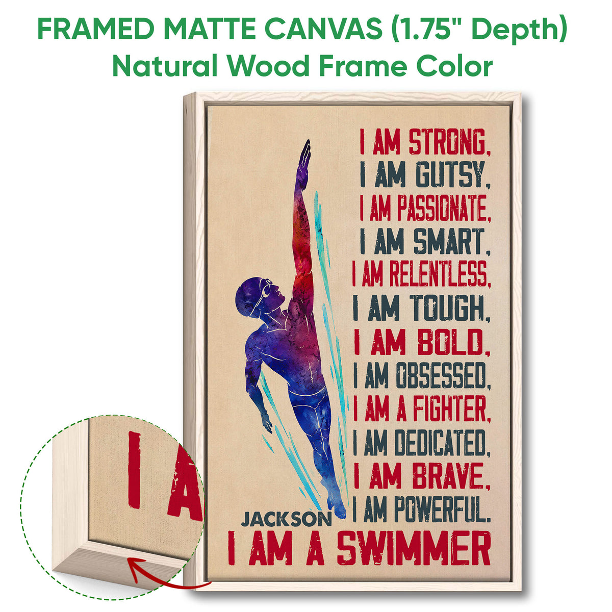 Natural wood framed swimming wall art with a colorful swimmer silhouette and inspirational typography