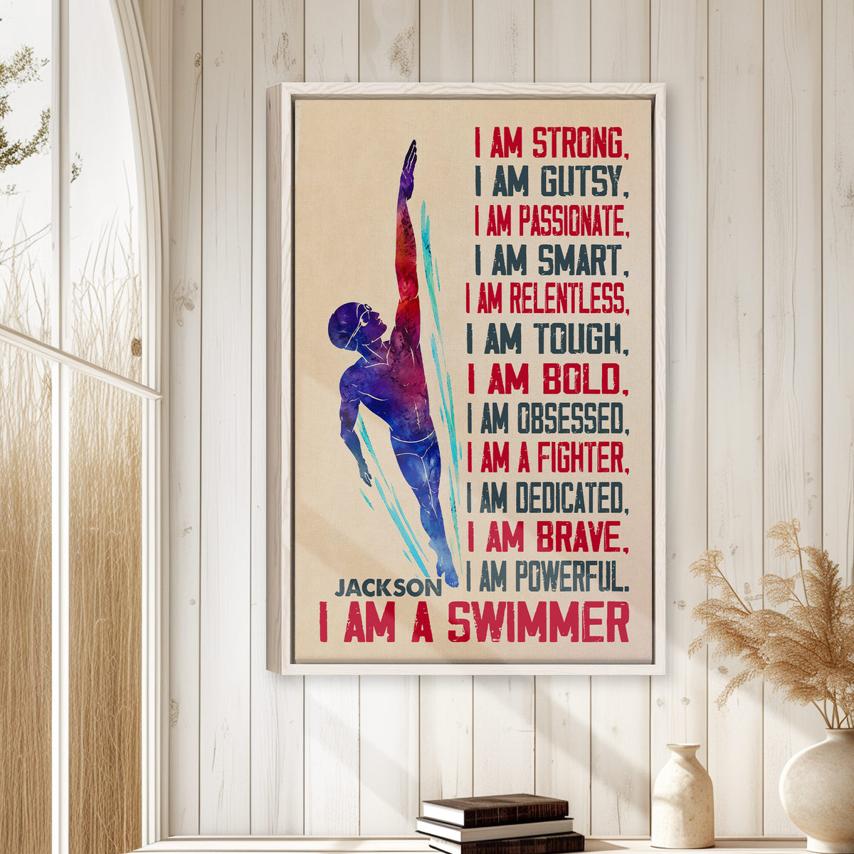 Framed swimming wall art displayed on a light wood-paneled wall in a bright home interior