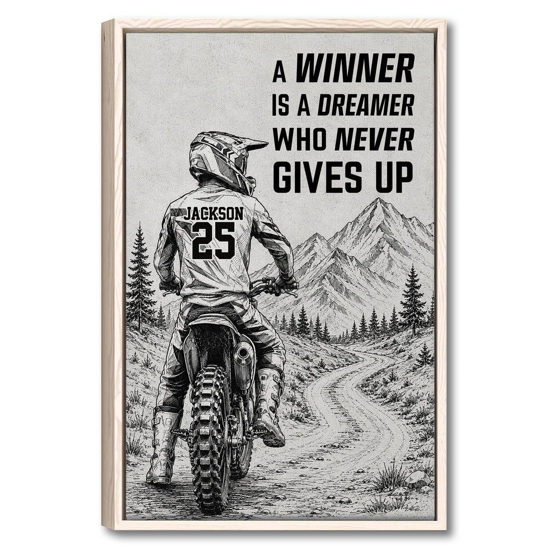 Framed motocross wall art showing a dirt bike rider on a mountain trail with motivational artwork