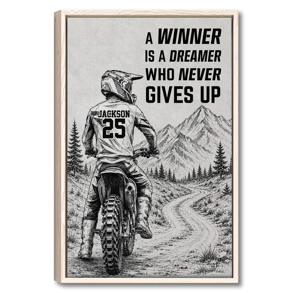 Framed motocross wall art showing a dirt bike rider on a mountain trail with motivational artwork