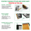 Poster and canvas wall art options guide showing unframed poster, matte canvas, and framed canvas formats
