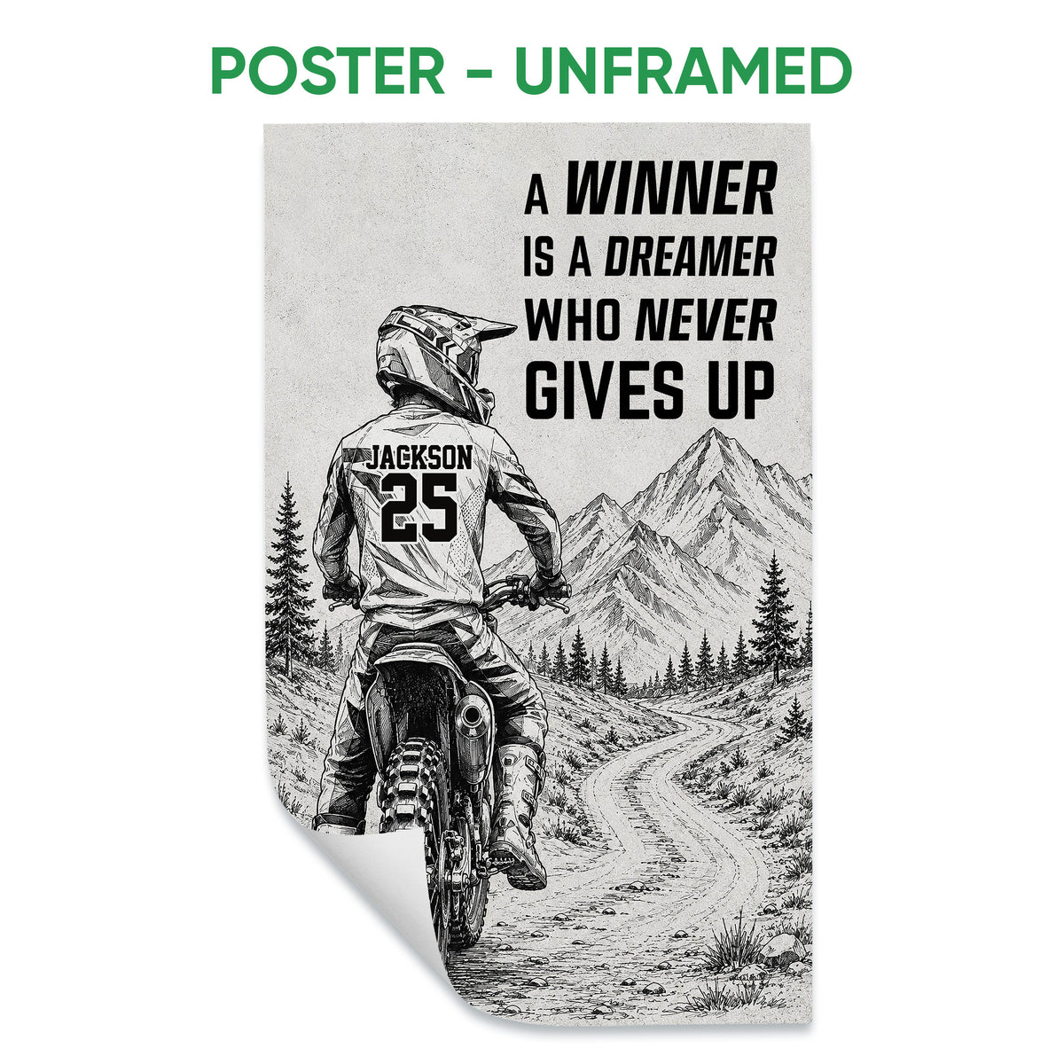 Unframed motocross poster featuring a dirt bike rider traveling through a detailed mountain landscape