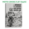 Matte canvas wall art featuring a motocross rider and dirt bike against mountain scenery