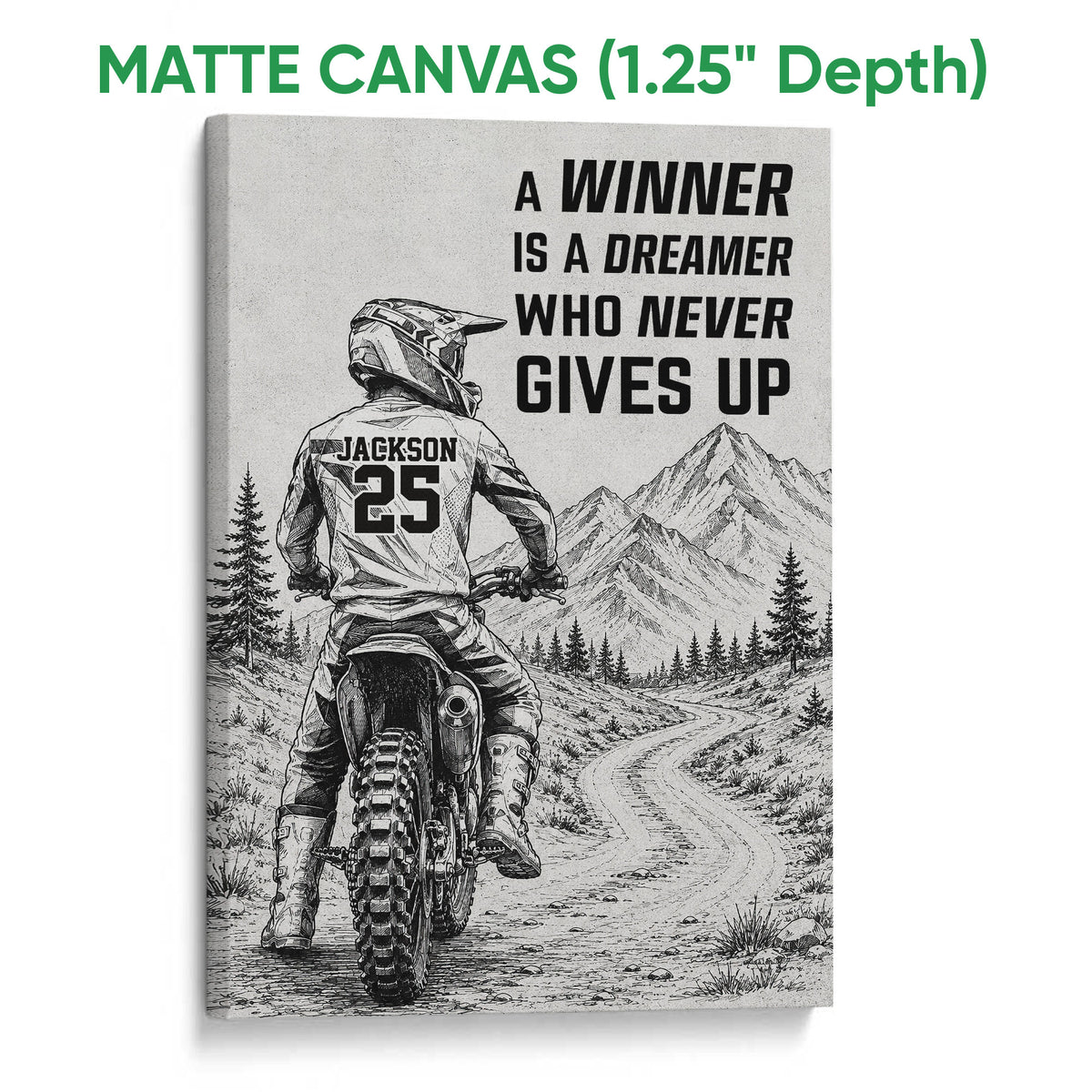 Matte canvas wall art featuring a motocross rider and dirt bike against mountain scenery