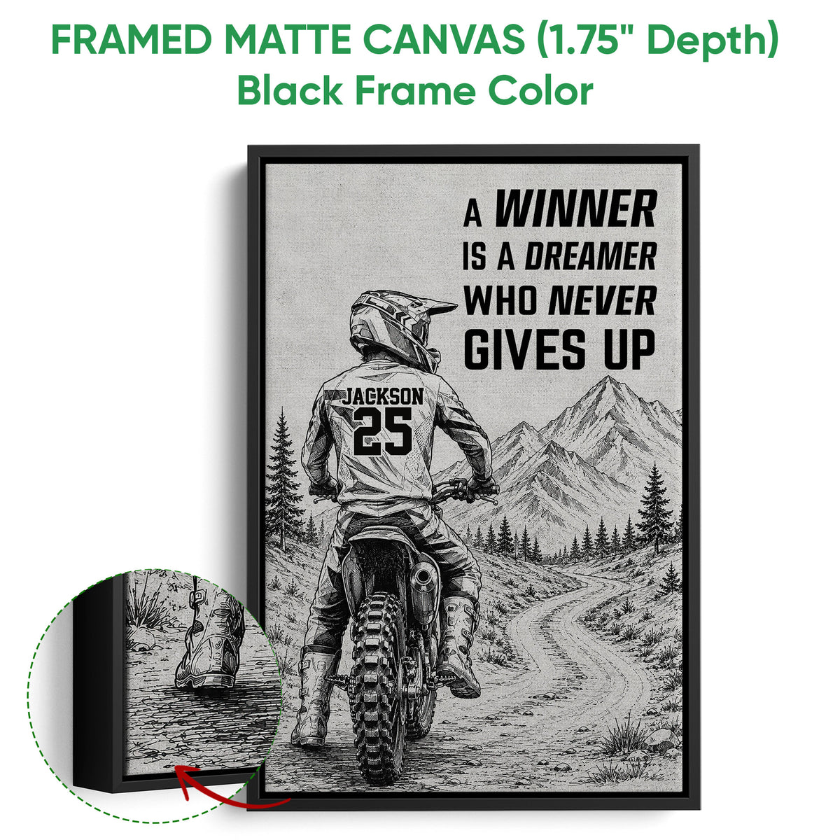 Black framed canvas motocross wall art with a dirt bike rider, evergreen trees, and mountain scenery