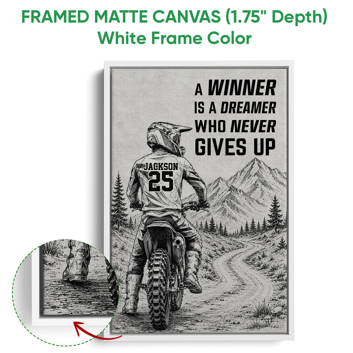 White framed canvas motocross wall art displaying a dirt bike rider on a rugged mountain trail
