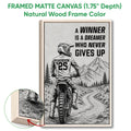 Natural wood framed motocross wall art showing a dirt bike rider and mountain landscape in black and white