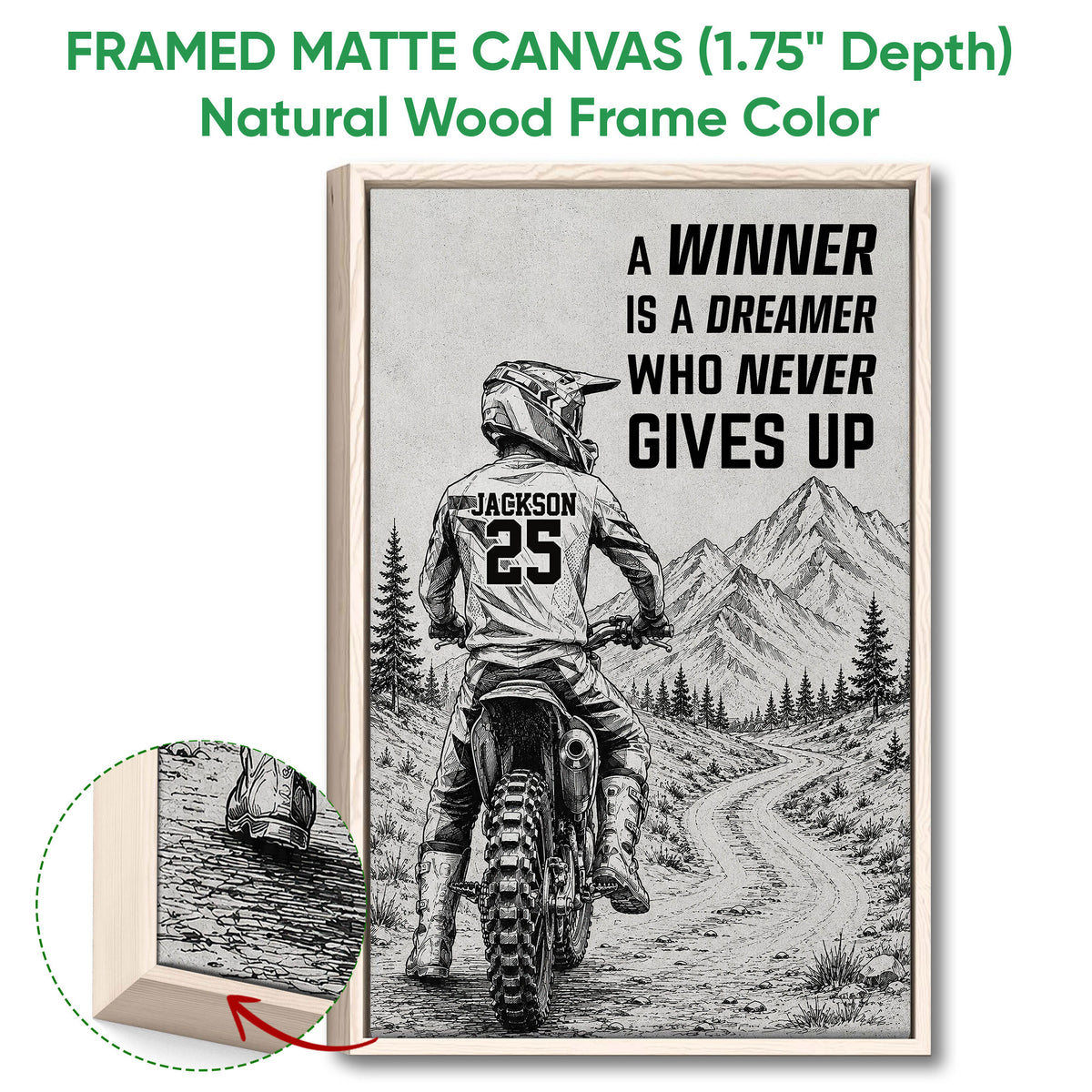 Natural wood framed motocross wall art showing a dirt bike rider and mountain landscape in black and white