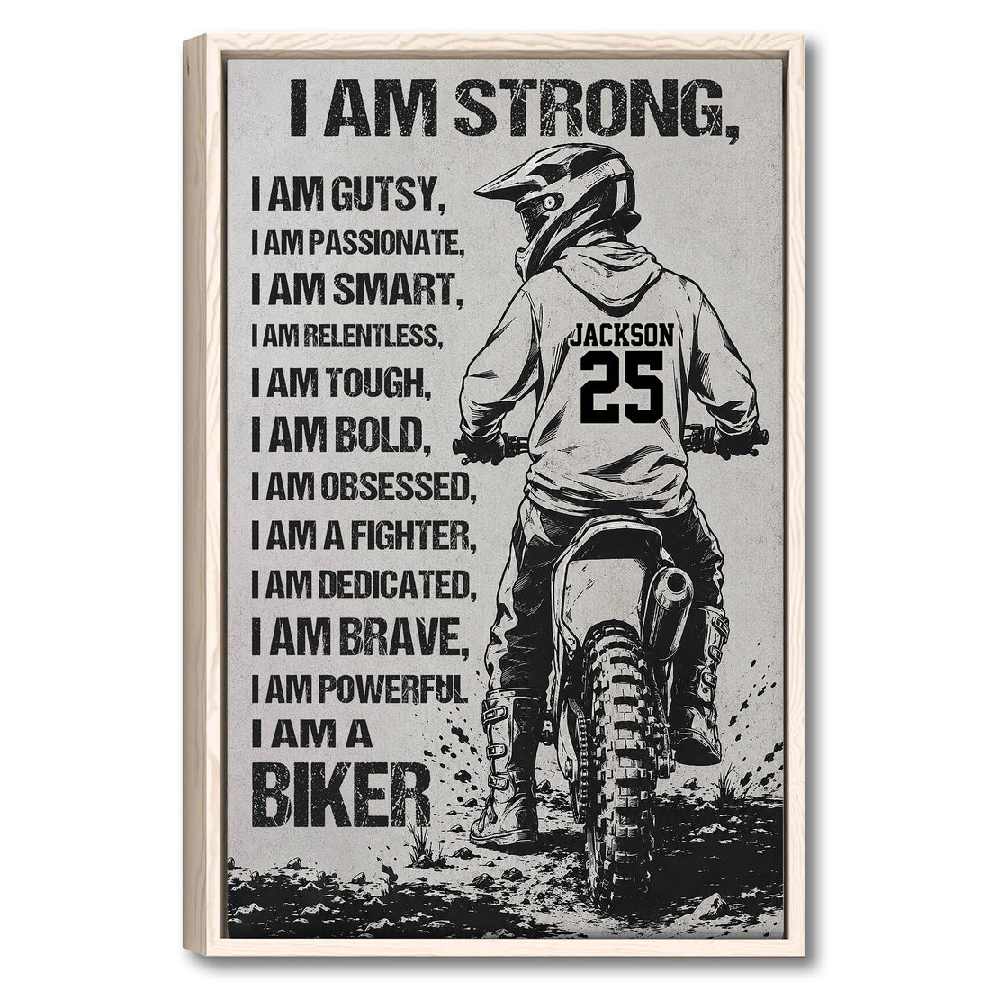 Framed motocross wall art featuring a helmeted dirt bike rider and bold black-and-white design