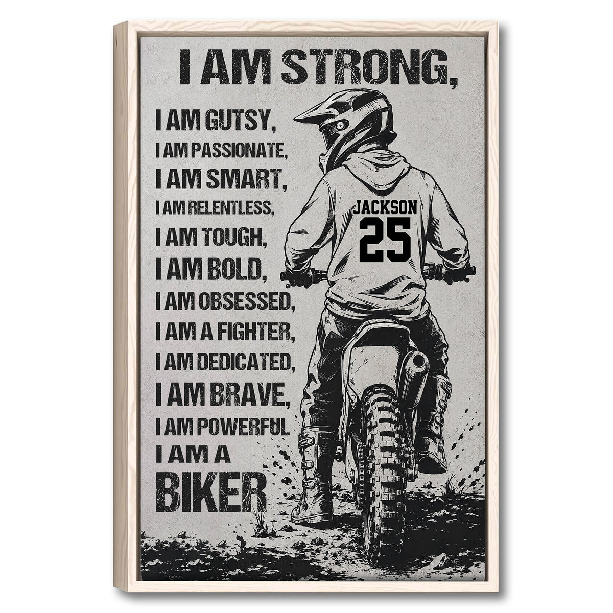 Framed motocross wall art featuring a helmeted dirt bike rider and bold black-and-white design