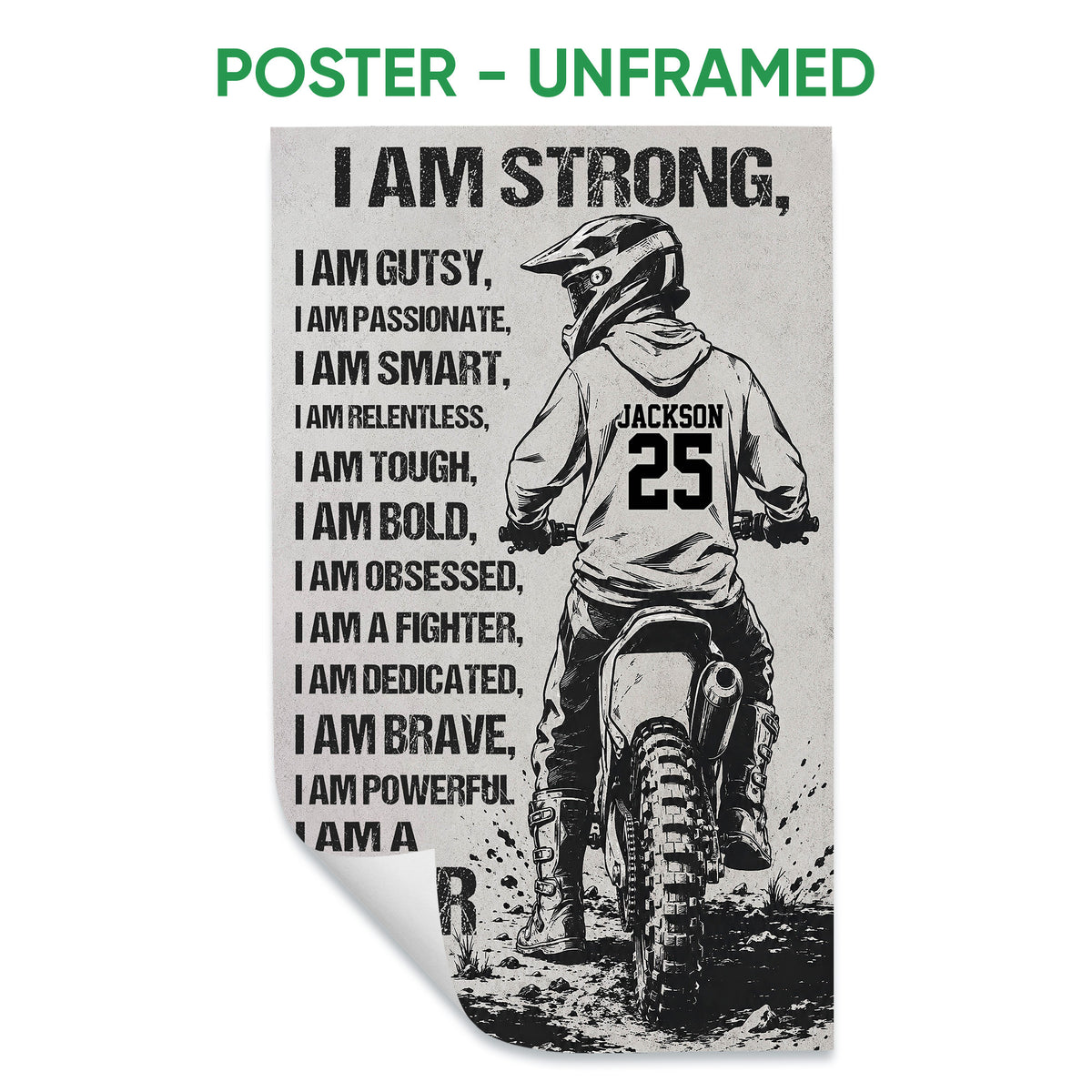 Unframed motocross poster featuring a dirt bike rider, rocky trail, and bold inspirational typography