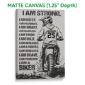 Matte canvas wall art featuring a helmeted motocross rider on a rugged dirt trail