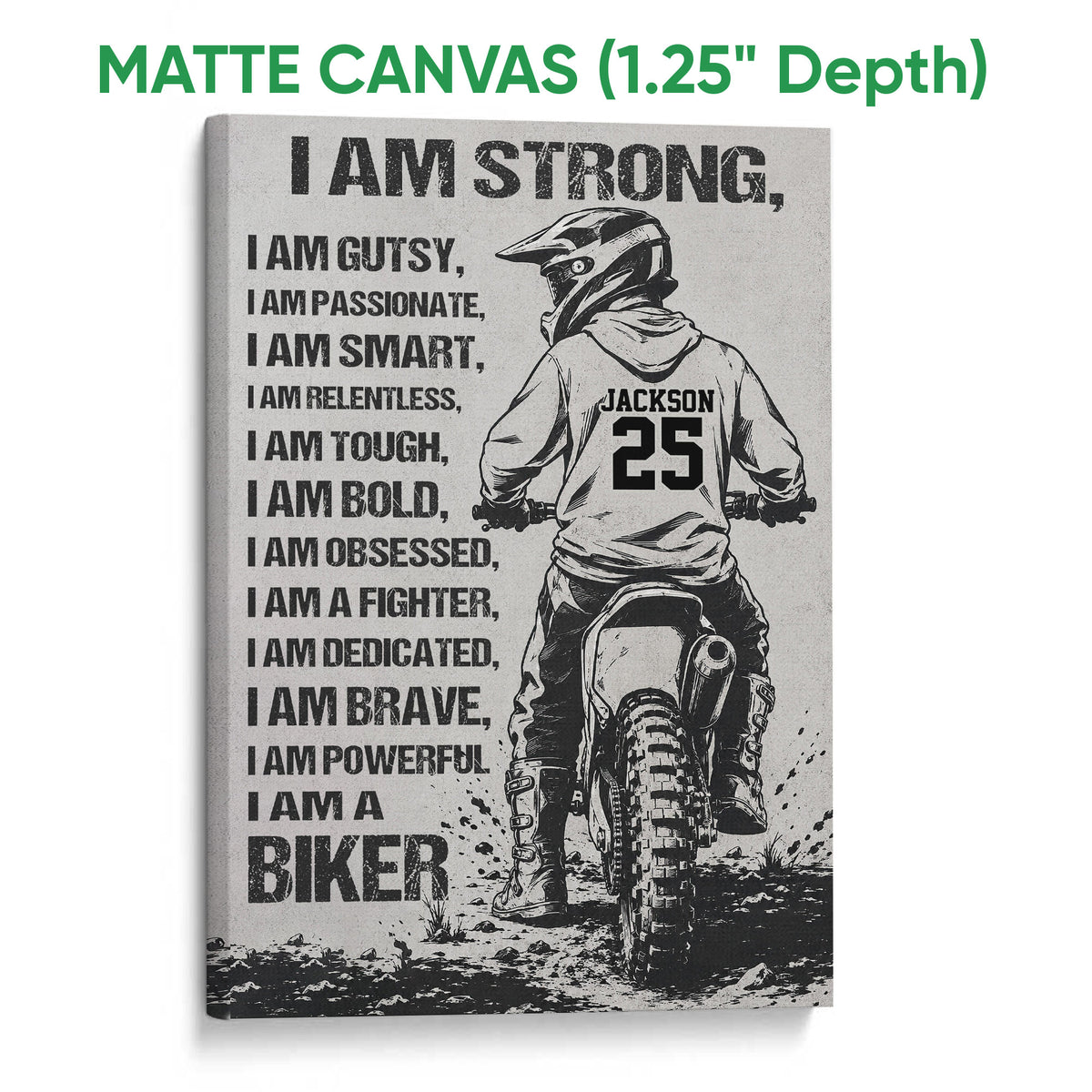Matte canvas wall art featuring a helmeted motocross rider on a rugged dirt trail