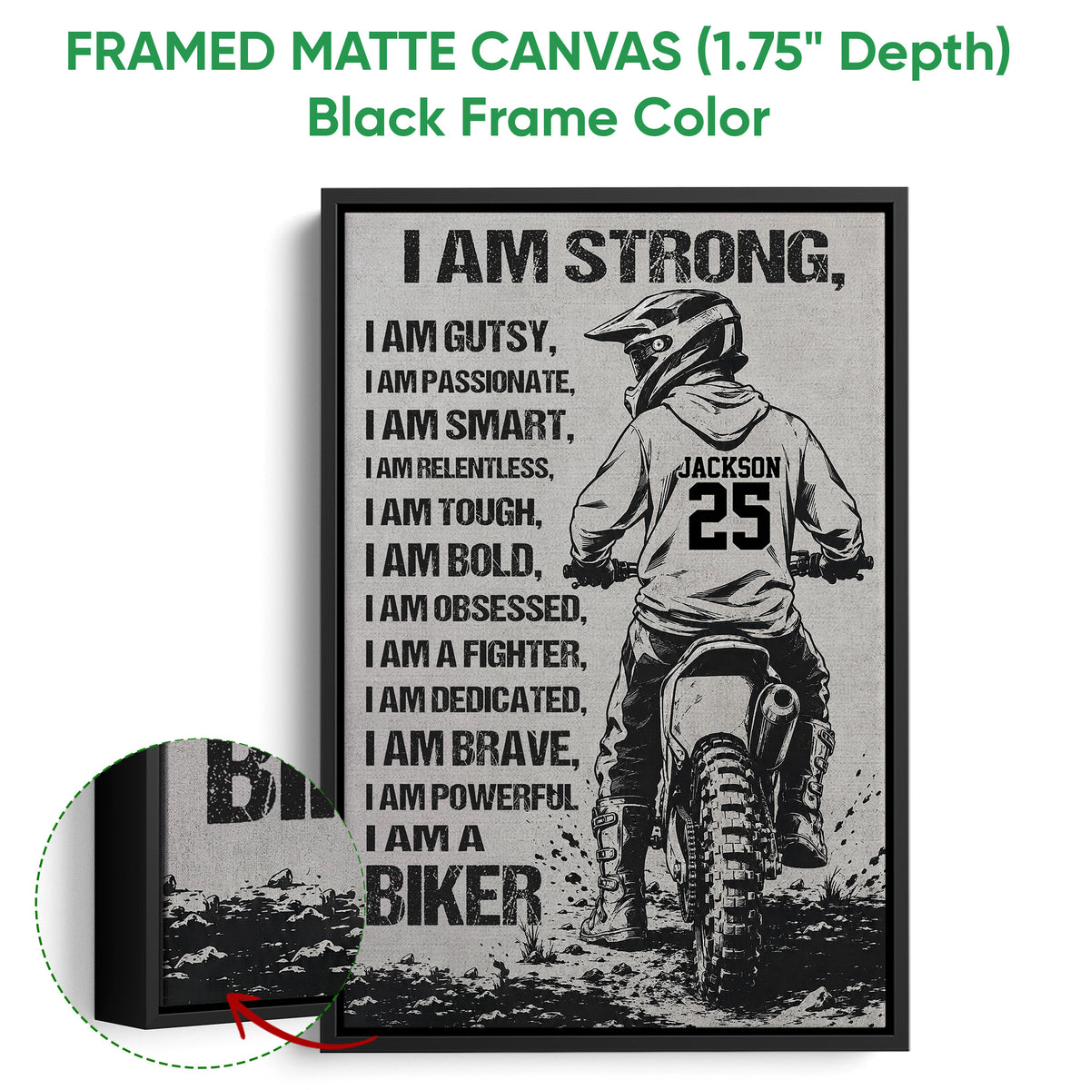 Black framed motocross canvas wall art with a dirt bike rider and bold monochrome artwork