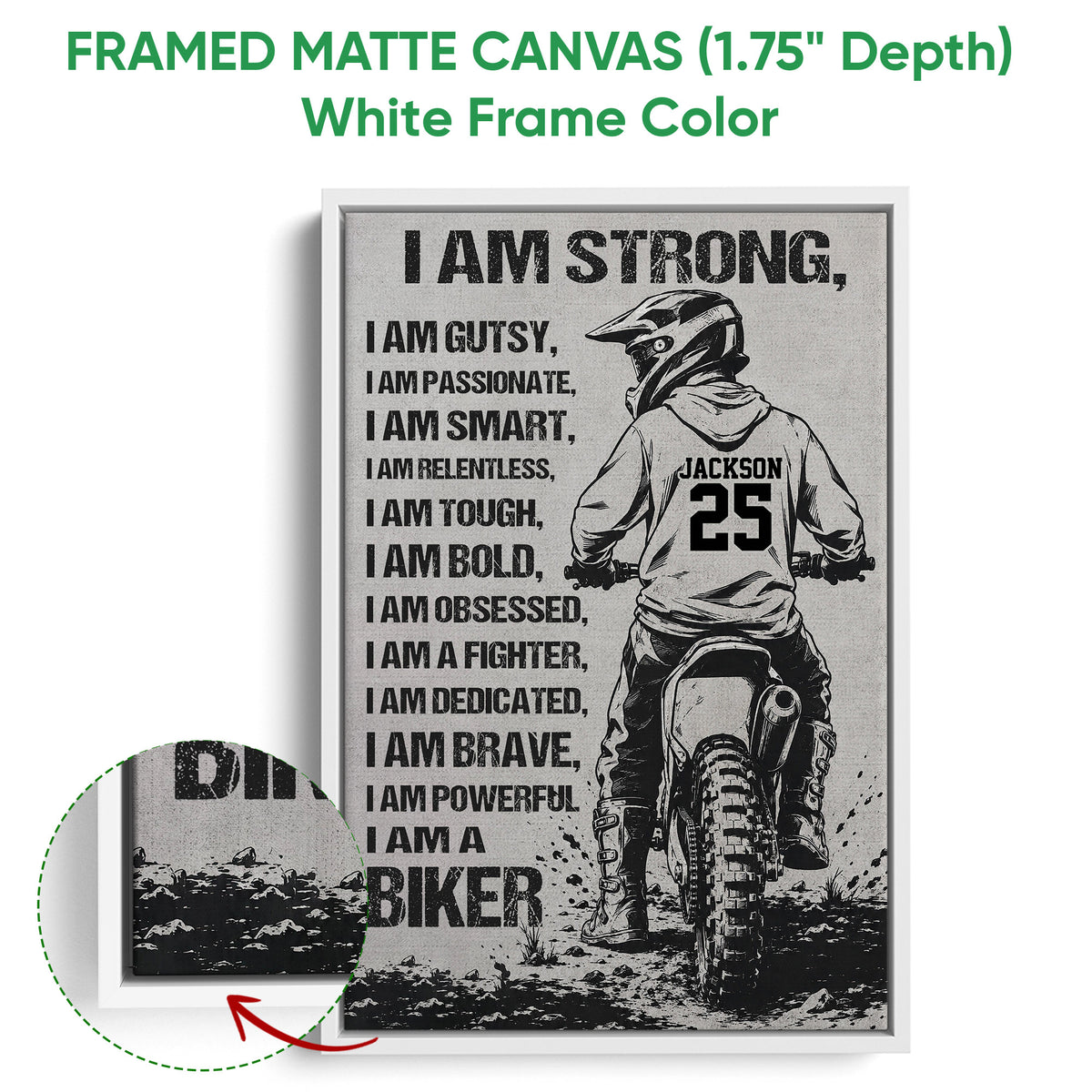 White framed motocross canvas wall art featuring a rider, dirt bike, and dramatic black typography