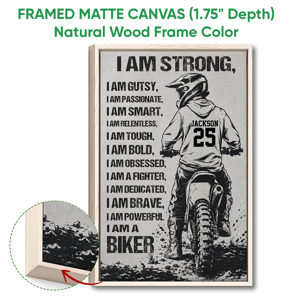 Natural wood framed motocross wall art showing a dirt bike rider on a rocky outdoor trail