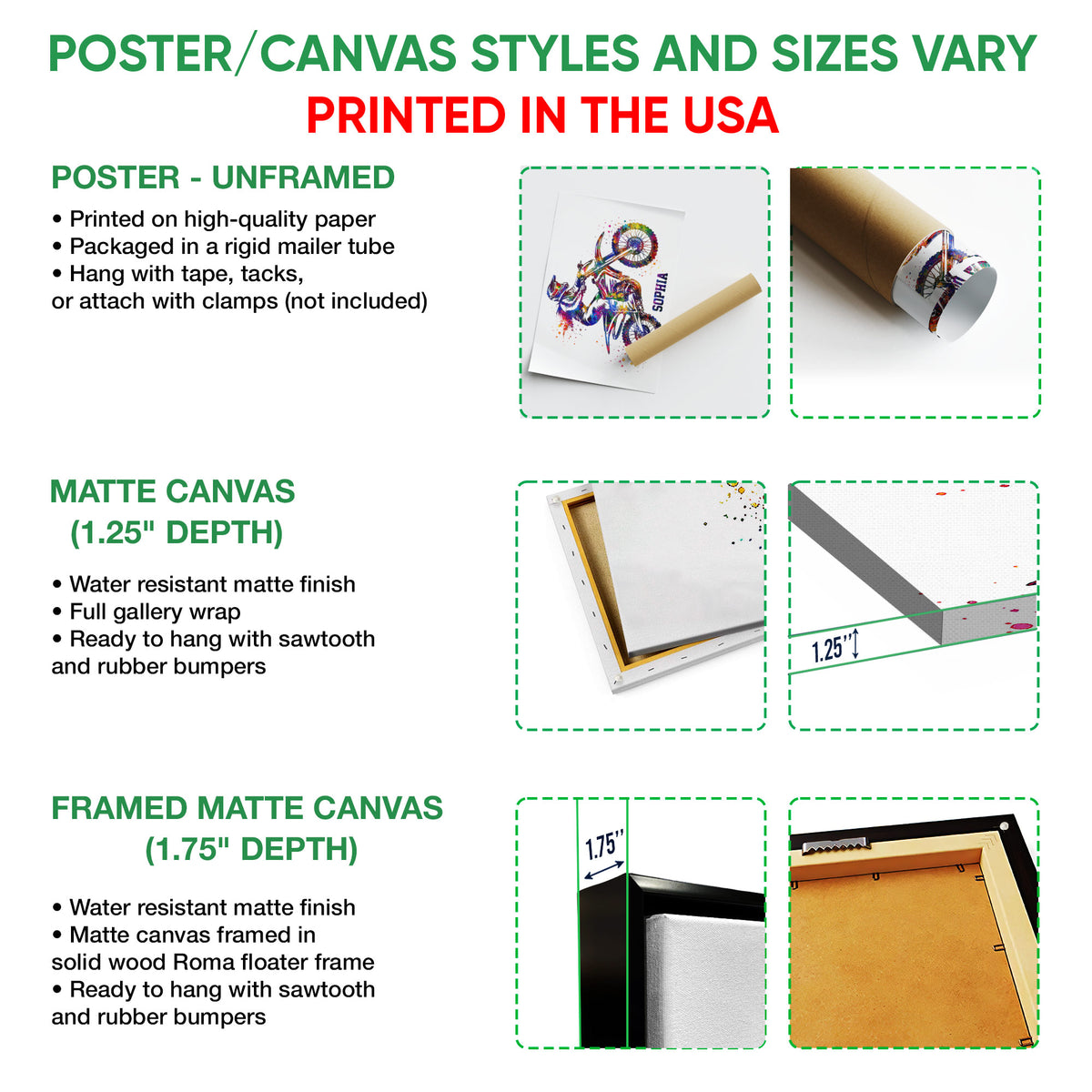 Motocross wall art poster and canvas format guide with unframed and framed options