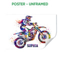 Unframed motocross poster featuring a colorful dirt bike rider and dynamic paint splashes