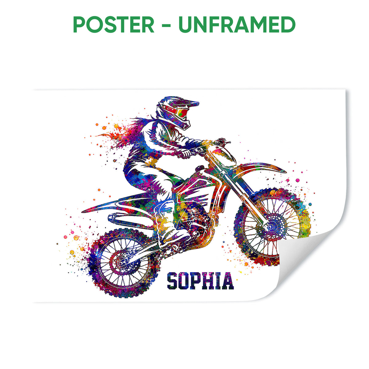 Unframed motocross poster featuring a colorful dirt bike rider and dynamic paint splashes