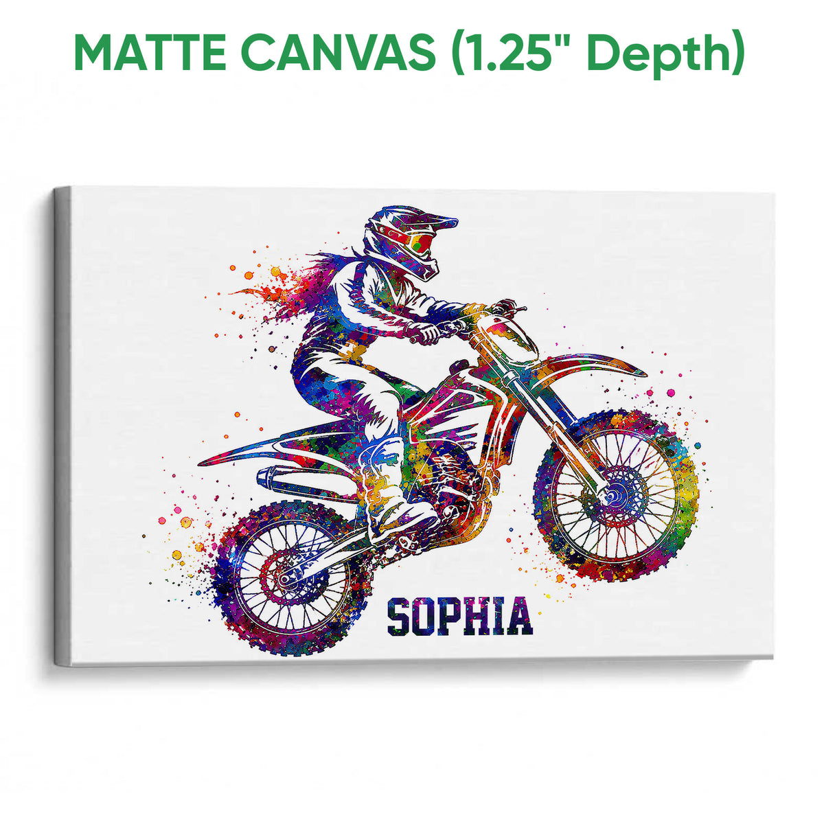 Matte canvas motocross wall art featuring a colorful dirt bike rider
